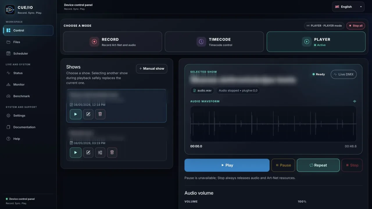 CUE/IO Control logs ar Record, Timecode un Player režīmiem