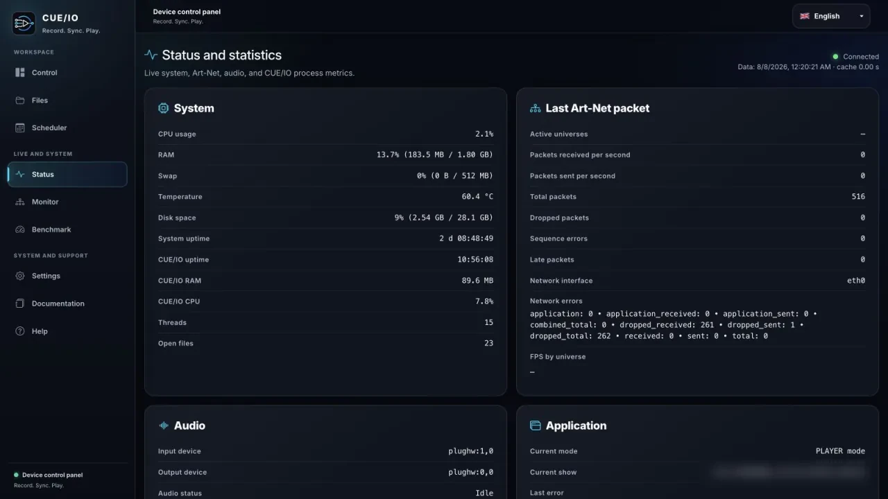 CUE/IO sistēmas, Art-Net, diska un audio diagnostikas statuss
