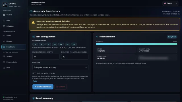 CUE/IO automātiskais Benchmark ar universu līmeņiem, testa konfigurāciju un izpildes progresu