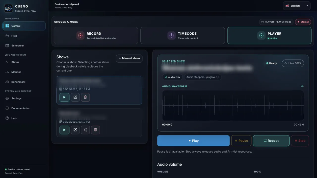 CUE/IO local browser control interface for exhibition playback