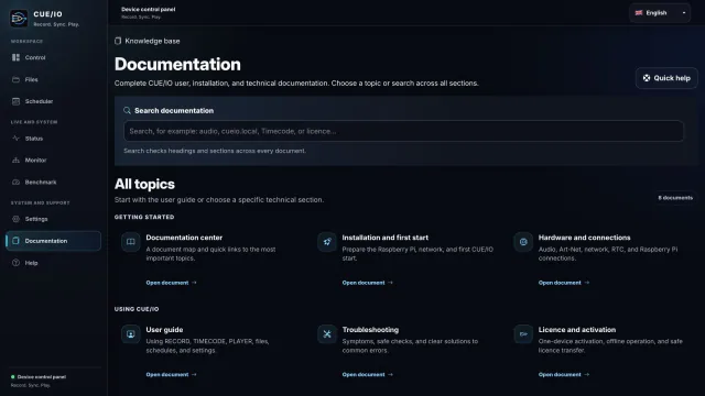 CUE/IO dokumentācijas lapa ar meklēšanu un tēmu kartēm instalēšanai, aparatūrai un lietotāja ceļvežiem