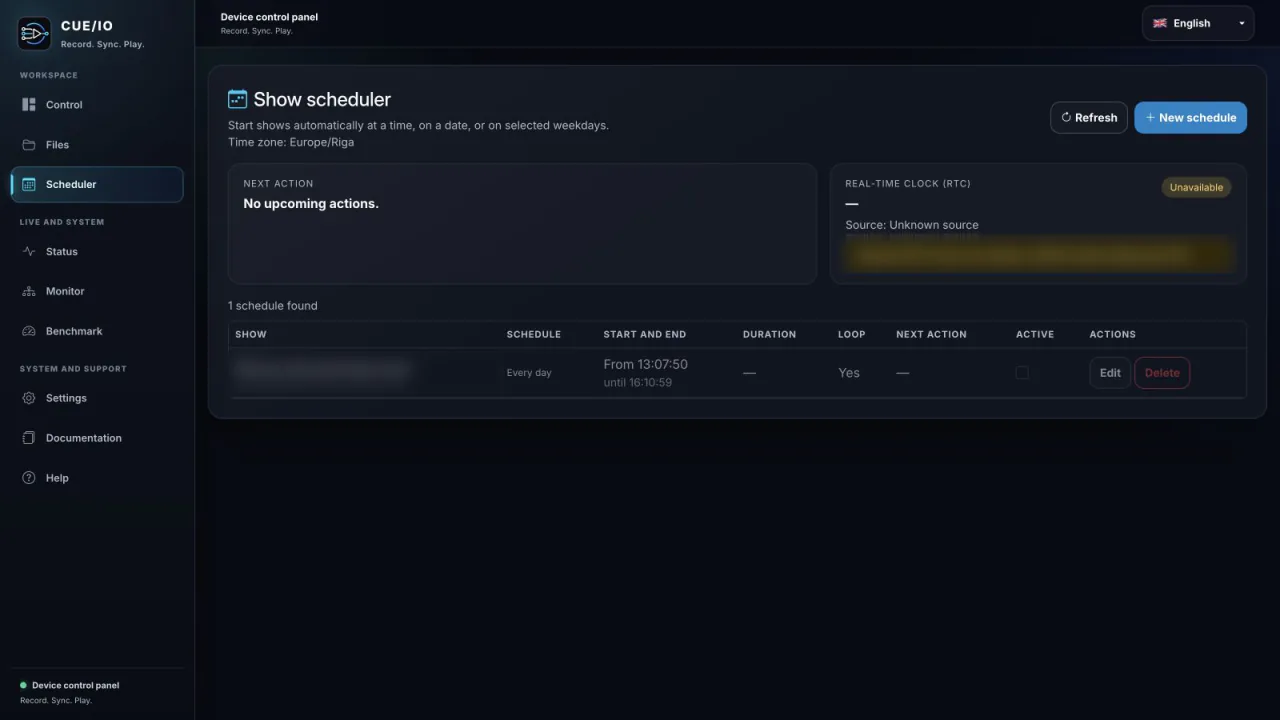 CUE/IO scheduler interface for automated Art-Net lighting playback