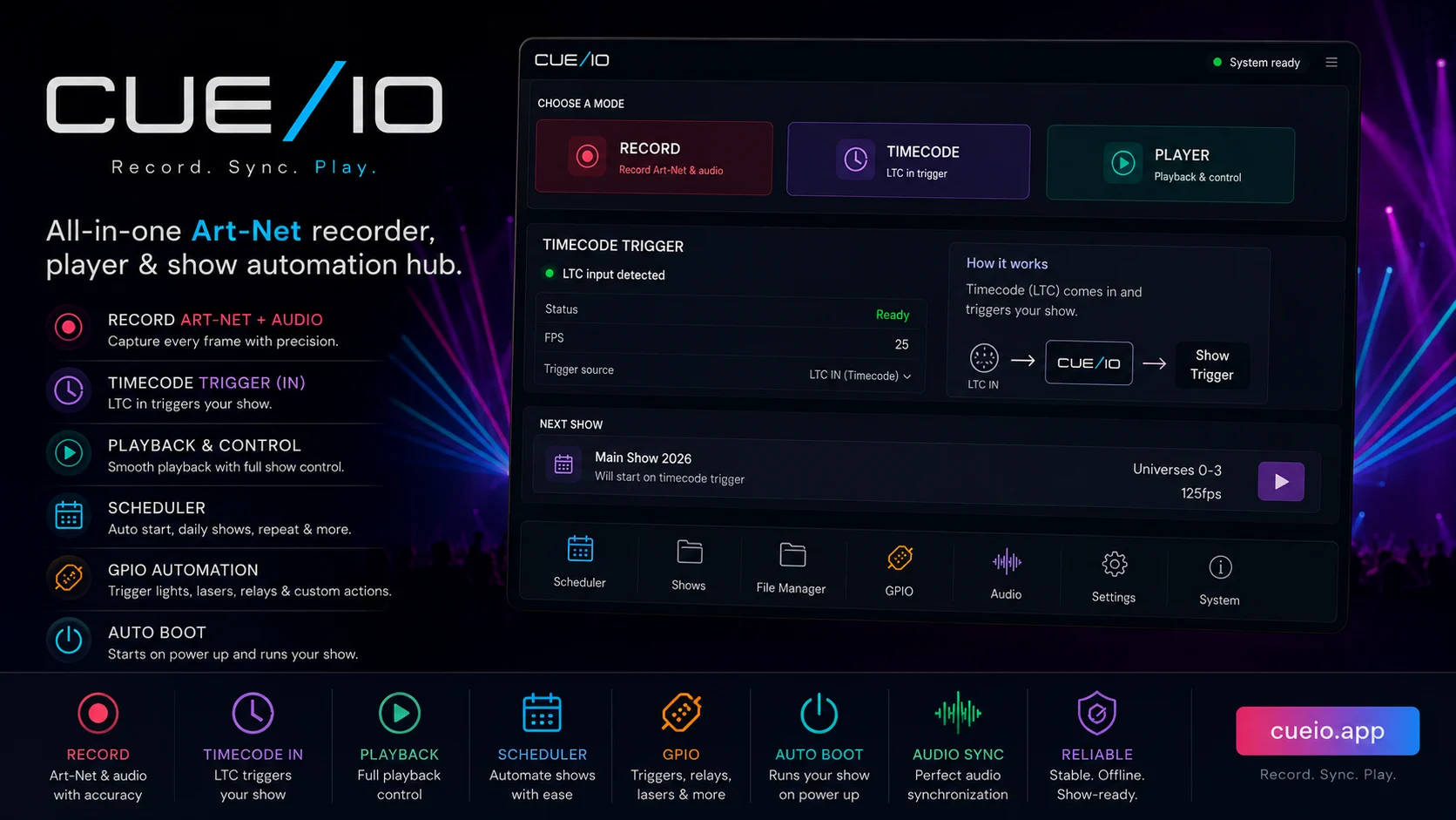 CUE/IO interface for Art-Net recording, timecode, scheduling and standalone playback